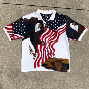 Vintage Y2K July 4th America Flag Fireworks Eagle Polo Shirt